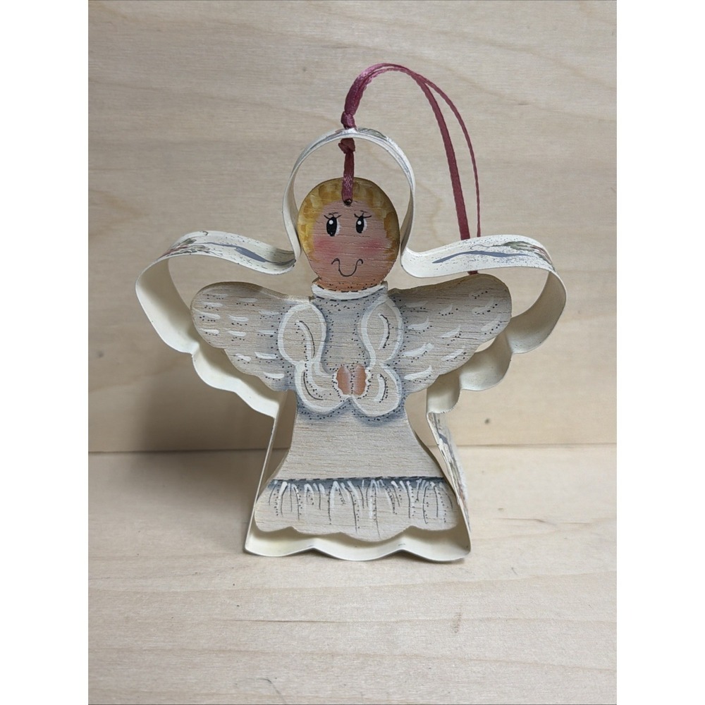 Vintage Wood‎ Angel Ornament with Metal layer cottage core hand painted